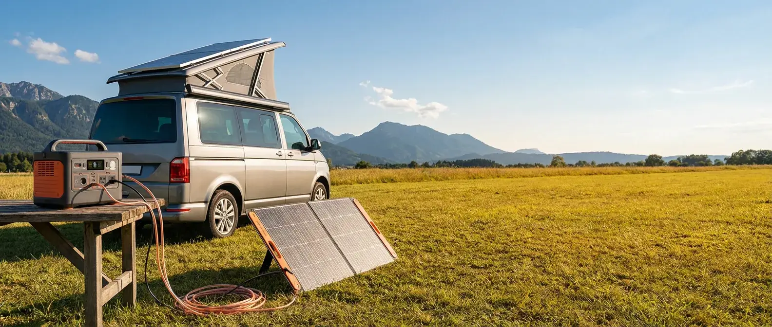 Portable power station charging from solar panels beside a camper van.