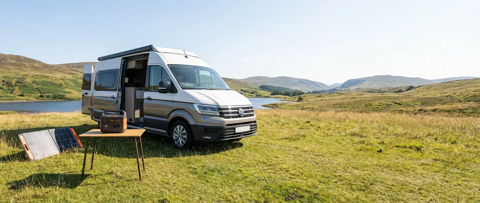 A portable power station and solar panel next to a camper van in the countryside.