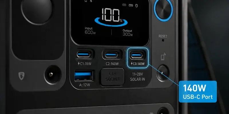 Close-up of the Anker SOLIX C300 showing the 140W USB-C charging port.