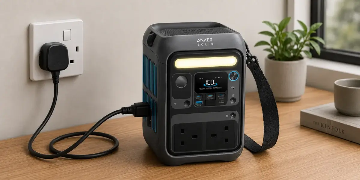 Anker SOLIX C300 portable power station charging from a UK wall socket.