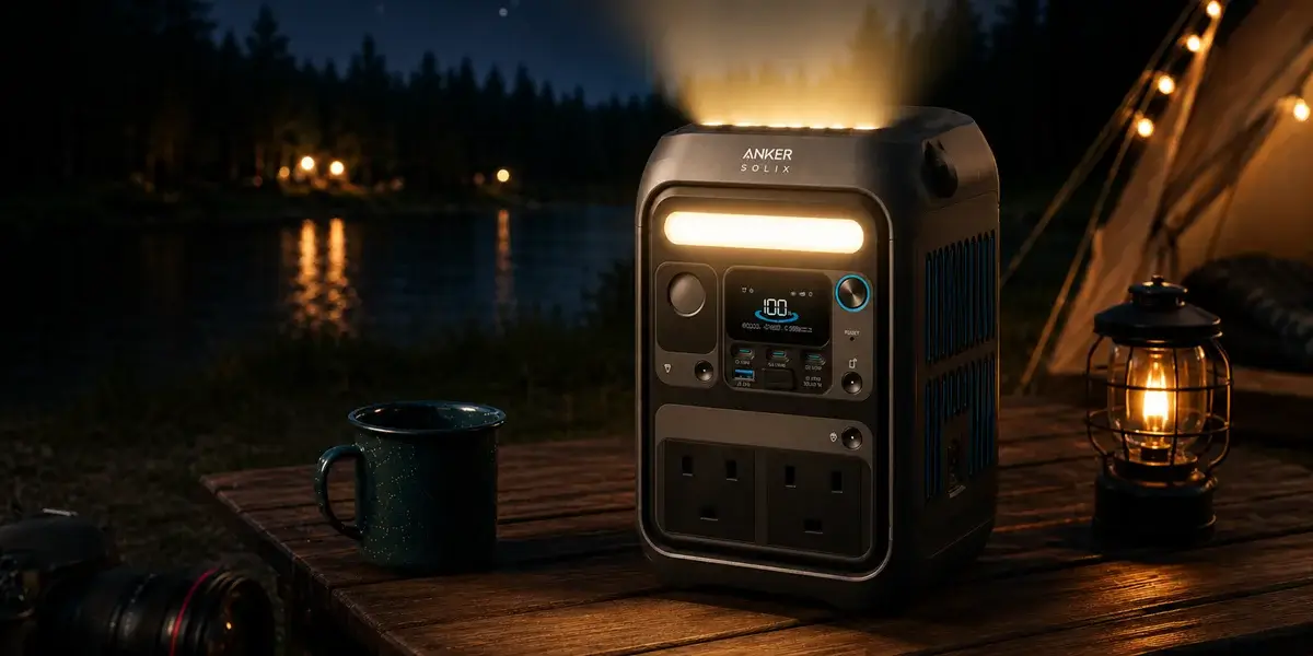 Anker SOLIX C300 with built-in camping light illuminating a campsite at night.