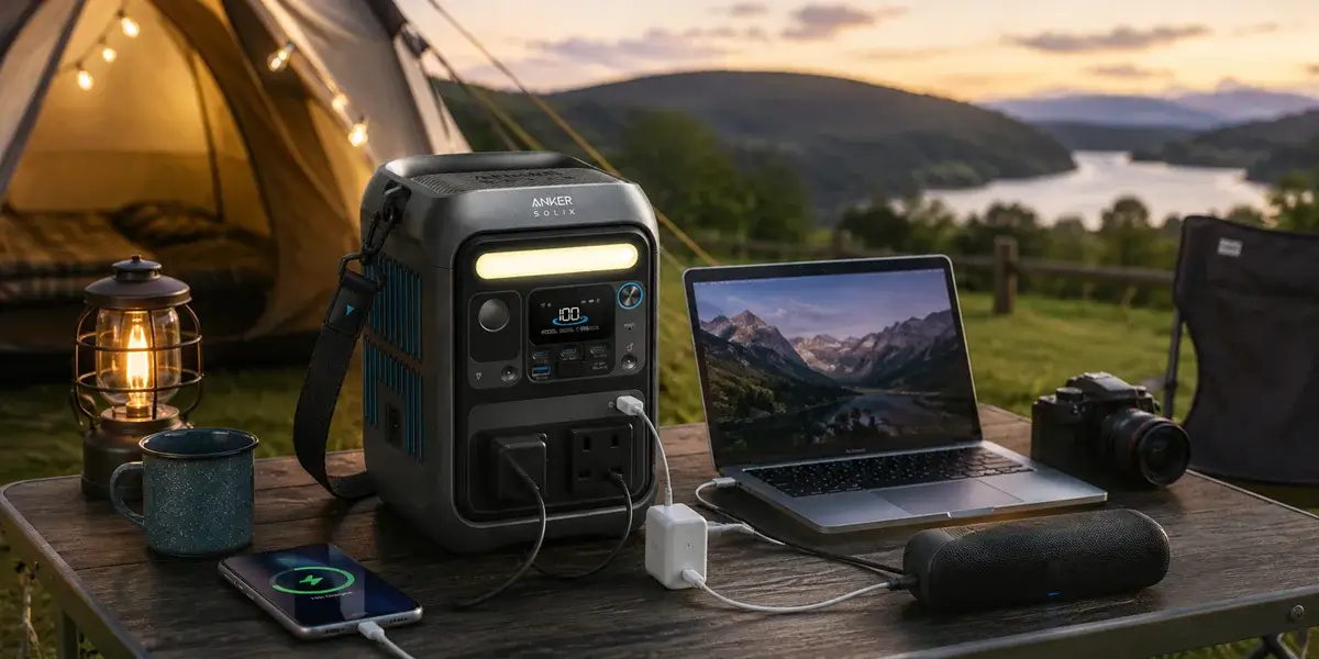 Anker SOLIX C300 powering camping devices on a picnic table beside a tent.