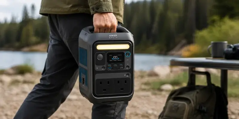 Person carrying the Anker SOLIX C300 portable power station by its handle.