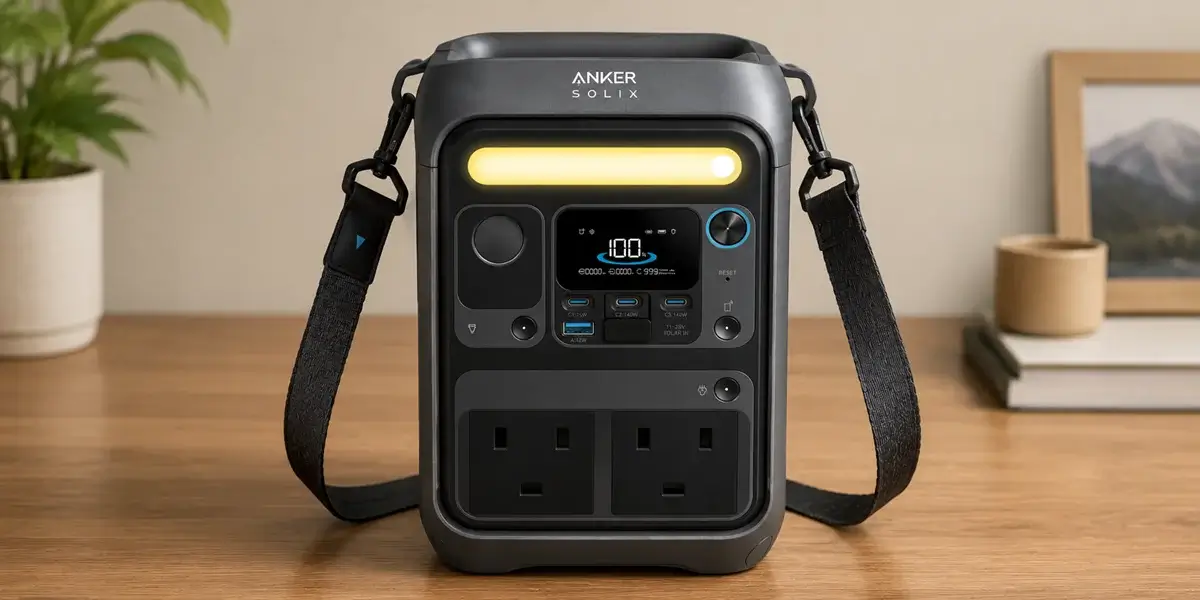 Front view of the Anker SOLIX C300 portable power station with shoulder strap.