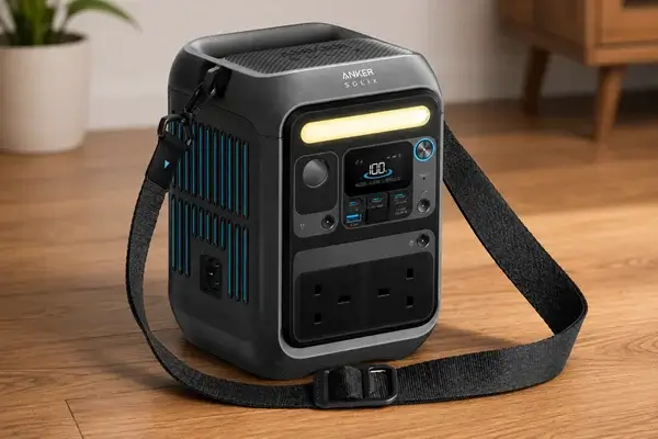 Angled product shot of the Anker SOLIX C300 portable power station with shoulder strap.