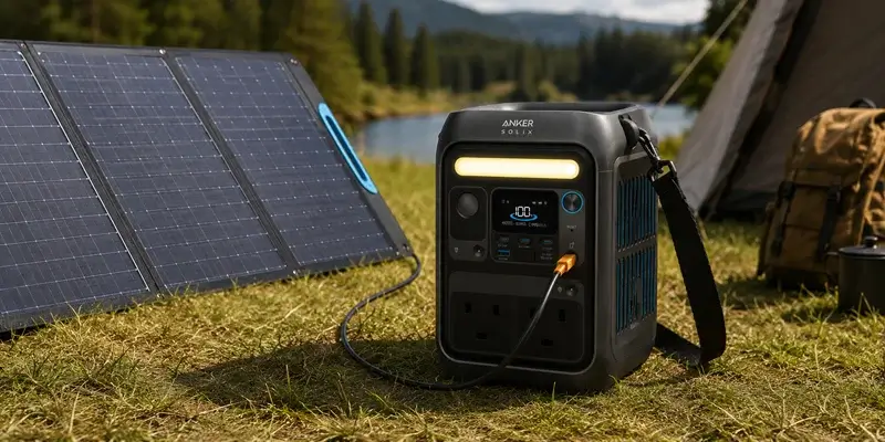 Anker SOLIX C300 charging from a portable solar panel at a campsite.