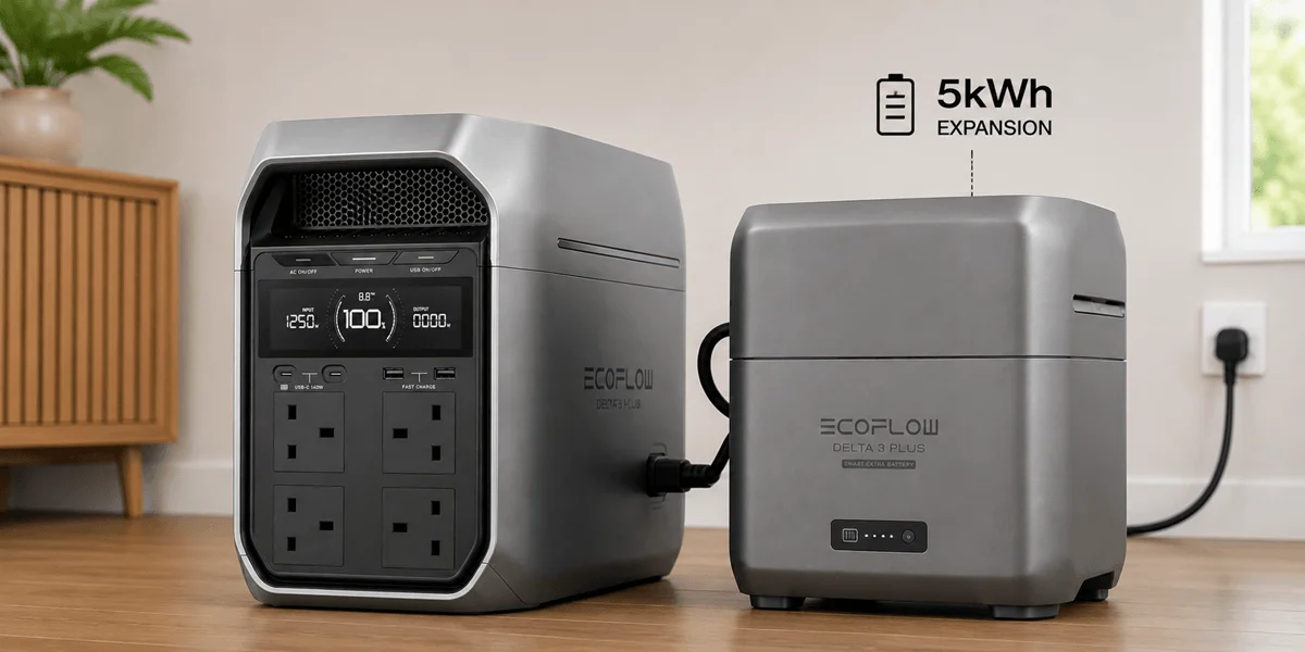 EcoFlow DELTA 3 Plus connected to an extra battery for 5kWh expansion.