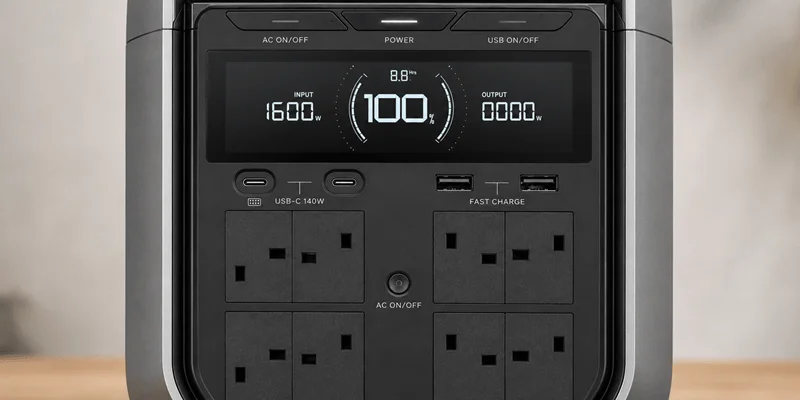 EcoFlow DELTA 3 Plus front panel showing display, USB ports, and AC outlets.