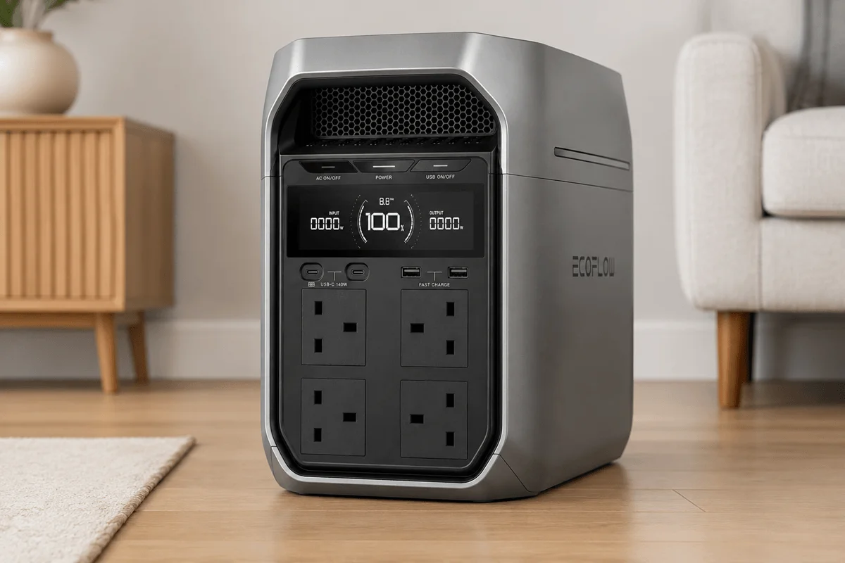 EcoFlow DELTA 3 Plus portable power station showing its display and four AC outlets indoors.