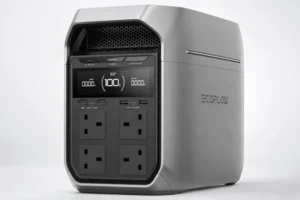 EcoFlow DELTA 3 Plus portable power station product shot showing the front display, four UK AC outlets and USB ports