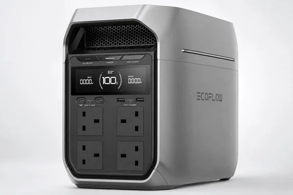 EcoFlow DELTA 3 Plus portable power station product shot showing the front display, four UK AC outlets and USB ports