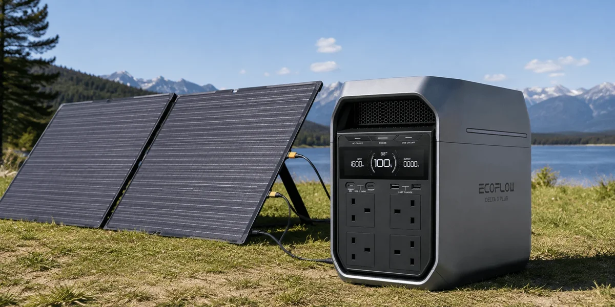 EcoFlow DELTA 3 Plus connected to two solar panels outdoors.