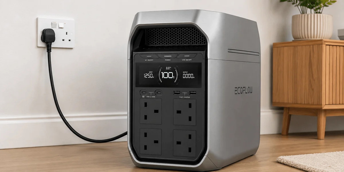 EcoFlow DELTA 3 Plus charging from a UK three-pin wall socket.