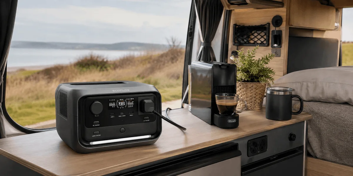 EcoFlow RIVER 3 Plus portable power station powering appliances inside a campervan by the coast