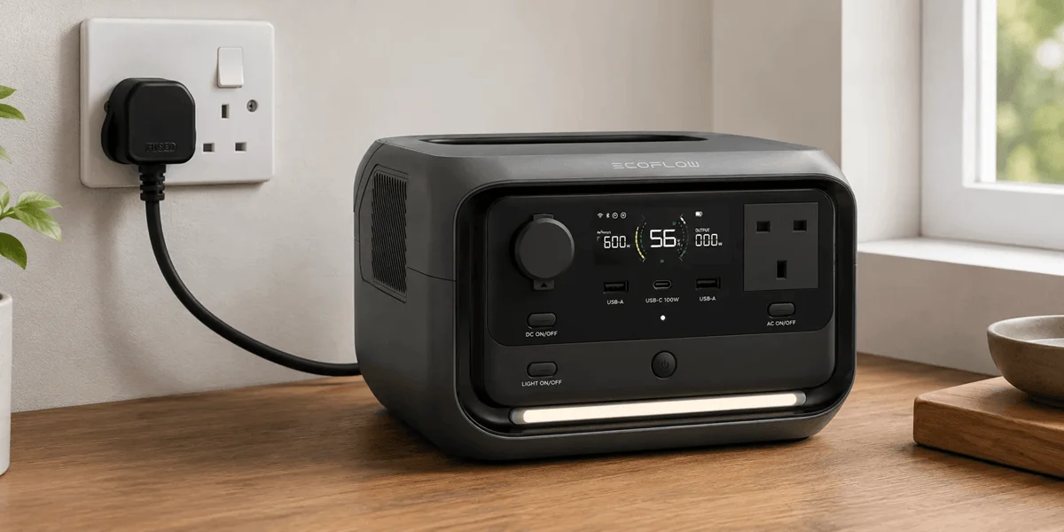 EcoFlow RIVER 3 Plus portable power station charging from a UK mains socket