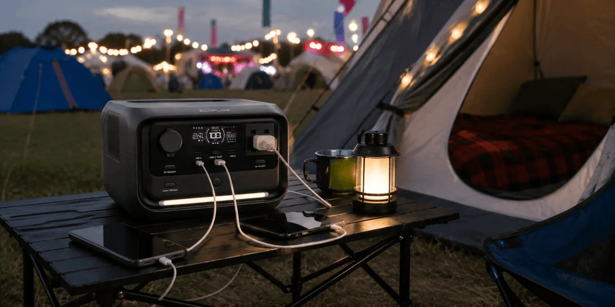 EcoFlow RIVER 3 Plus portable power station powering devices at a campsite during an evening festival