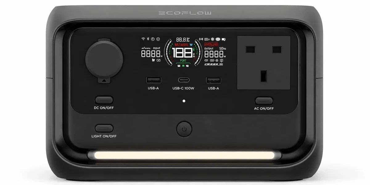 EcoFlow RIVER 3 Plus portable power station front view showing display, AC outlet, USB-A and USB-C ports, and built-in light