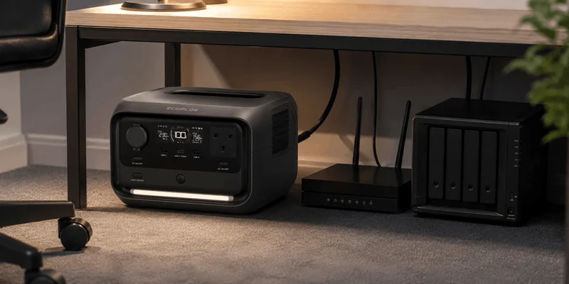 EcoFlow RIVER 3 Plus portable power station beside a router and NAS for home office backup