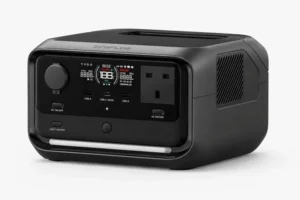 EcoFlow RIVER 3 Plus portable power station product shot showing the front display, AC outlet, USB ports and built-in light