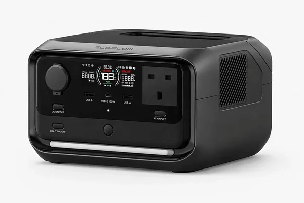 EcoFlow RIVER 3 Plus portable power station product shot showing the front display, AC outlet, USB ports and built-in light