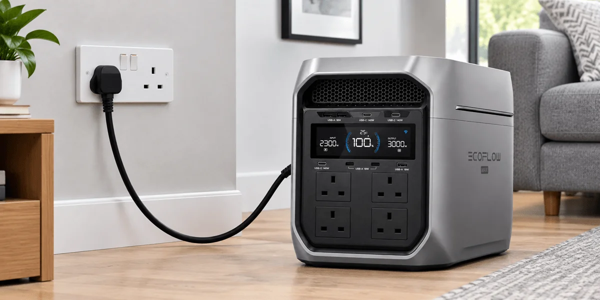 A silver portable power station plugged into a wall socket inside a living room.