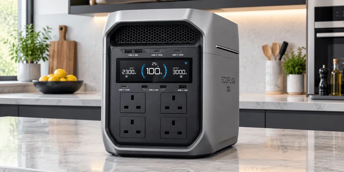 A silver portable power station sits on a marble kitchen countertop.