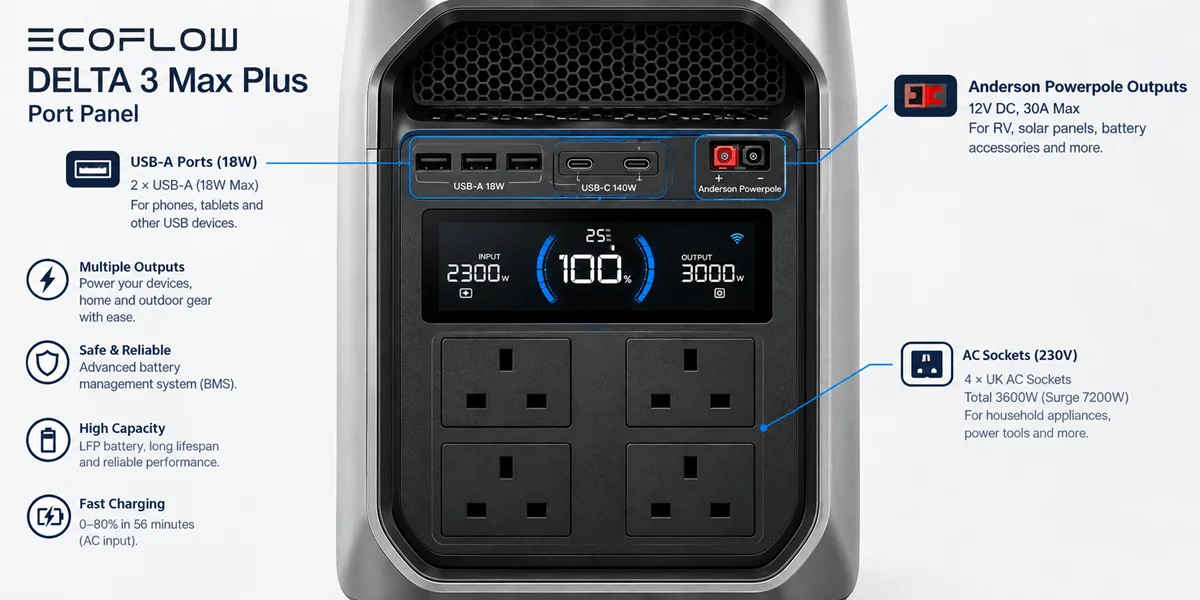 A diagram highlights the port panel layout of a portable power station with labels.