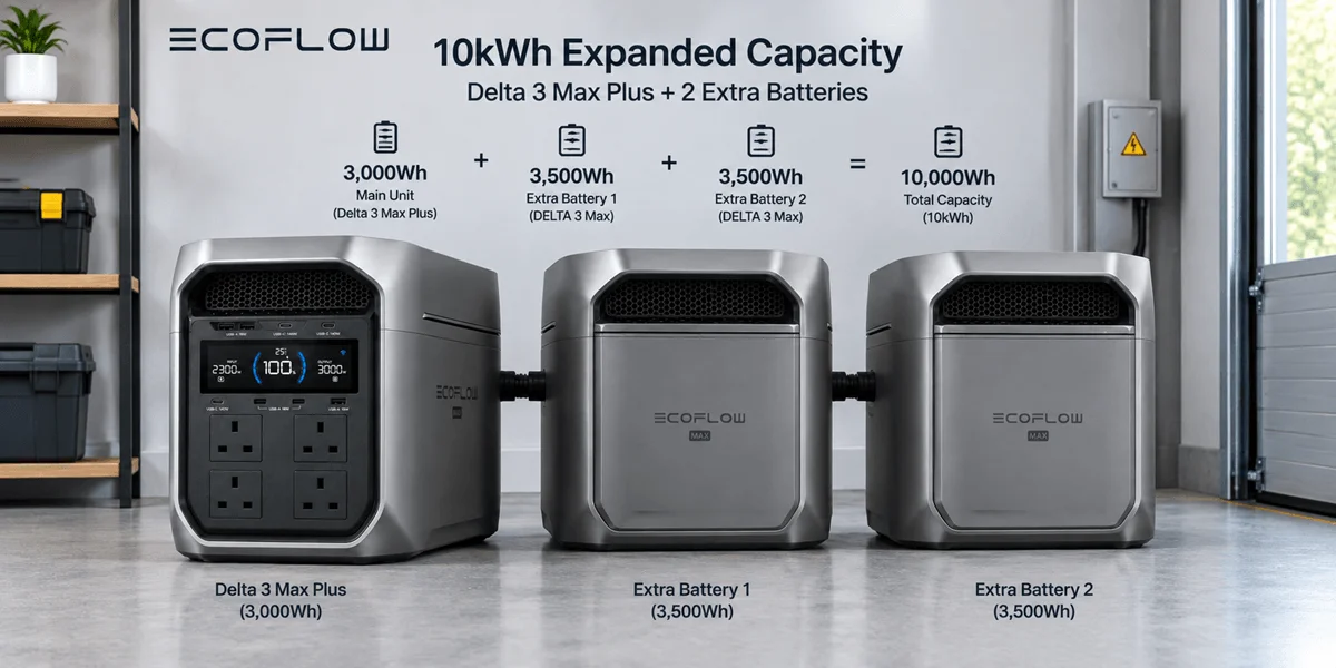 A main portable power station connects to two extra batteries in a garage set.