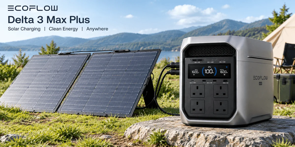 A portable power station connects to a solar panel outdoors at a campsite near water.