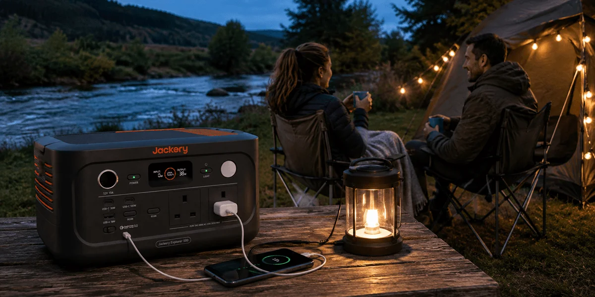 Jackery Explorer 500 portable power station charging devices at a riverside campsite.