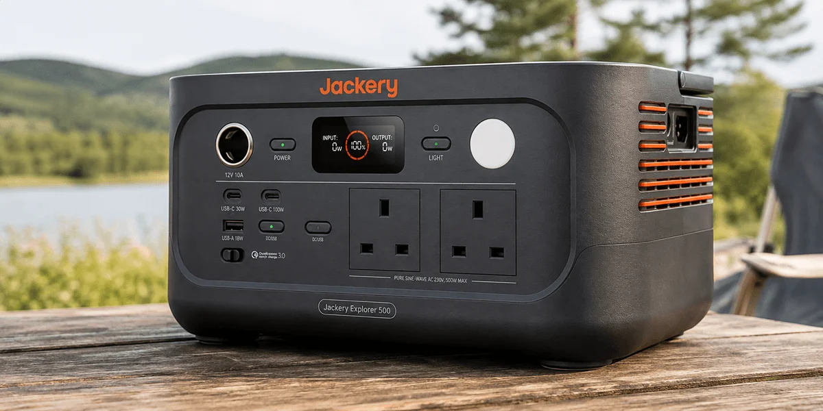 Jackery Explorer 500 portable power station on a wooden table beside a lake.