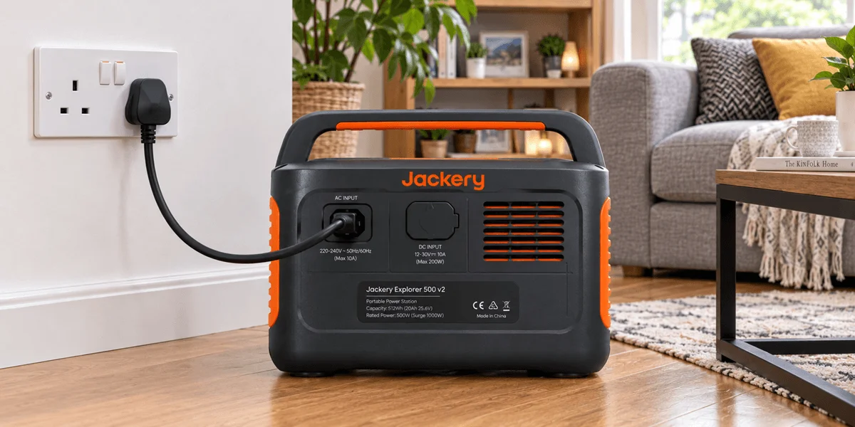 Jackery Explorer 500 v2 charging from a UK three-pin mains socket