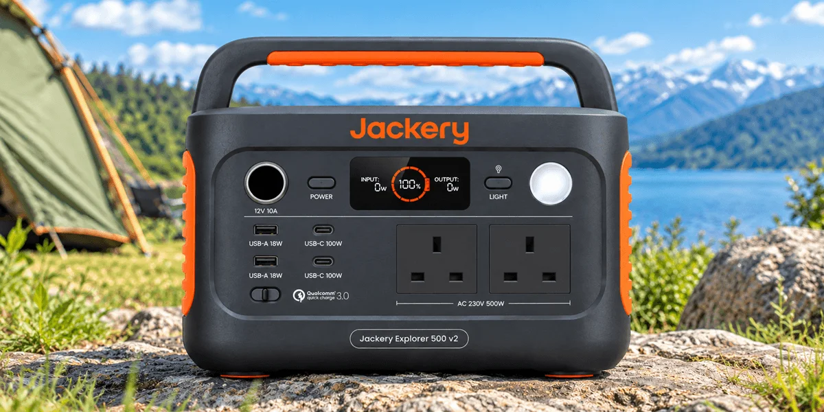 A Jackery Explorer 500 v2 portable power station sits on rocks at a campsite.
