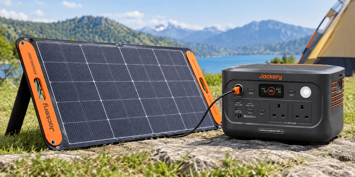 A Jackery portable power station connected to a solar panel outdoors near a lake.