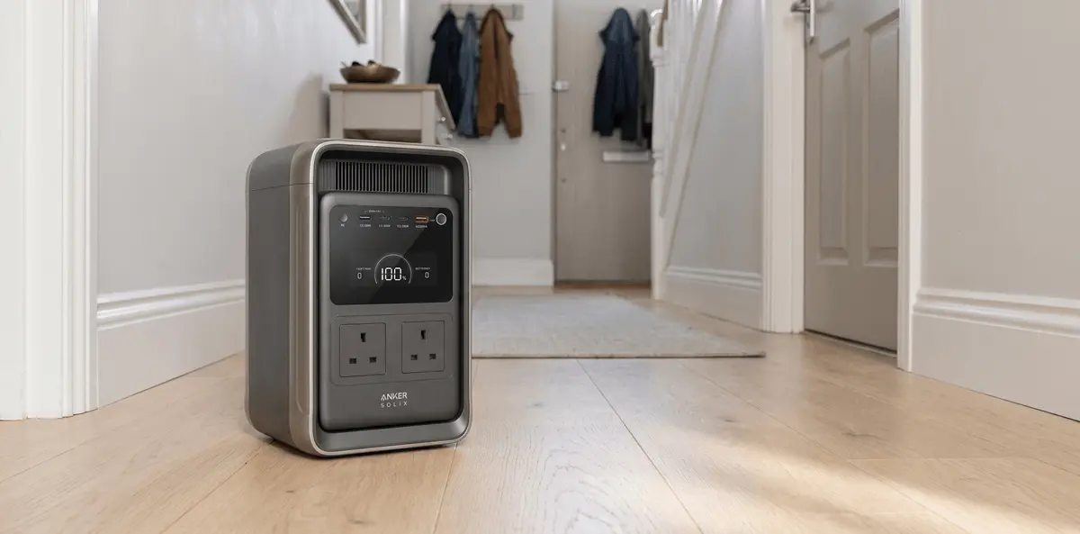 Anker SOLIX S2000 portable power station seen from the front with its display and UK three-pin sockets