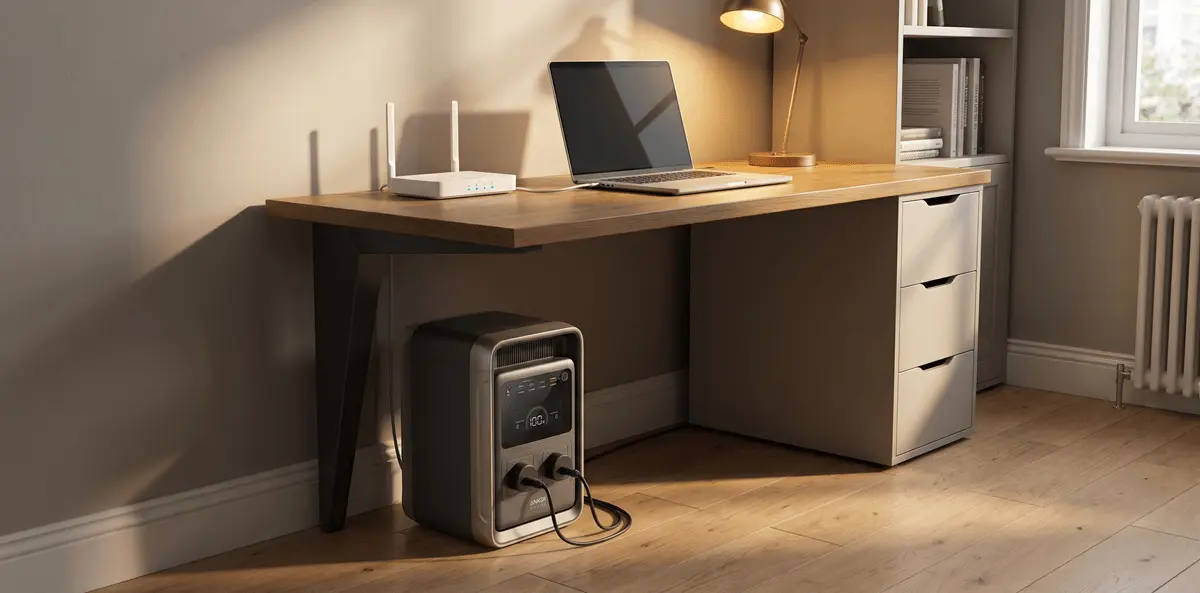 Anker SOLIX S2000 portable power station under a desk powering a laptop and Wi-Fi router in a home office