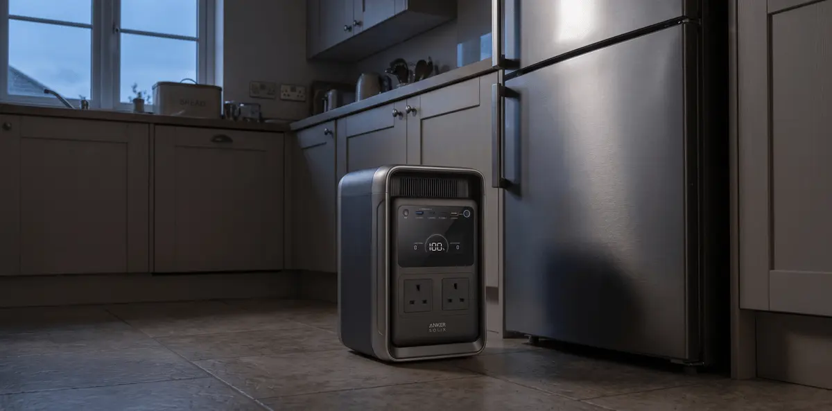 Anker SOLIX S2000 portable power station beside a fridge-freezer in a dim kitchen during a power cut