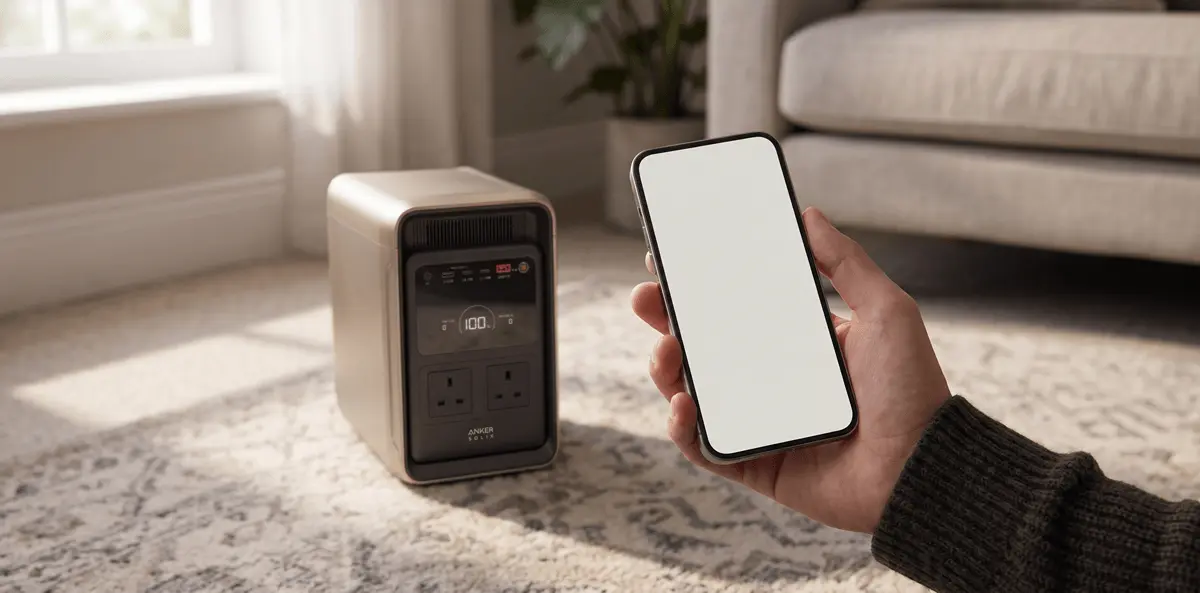 A hand holding a smartphone in front of the Anker SOLIX S2000 portable power station