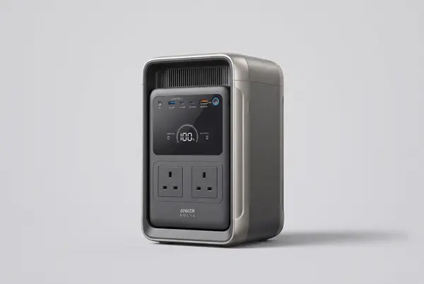 Anker SOLIX S2000 portable power station seen photo shot from the front with its display and UK three-pin sockets