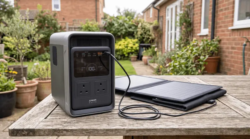 An Anker Solix portable power station connected to a foldable solar panel on a patio table.