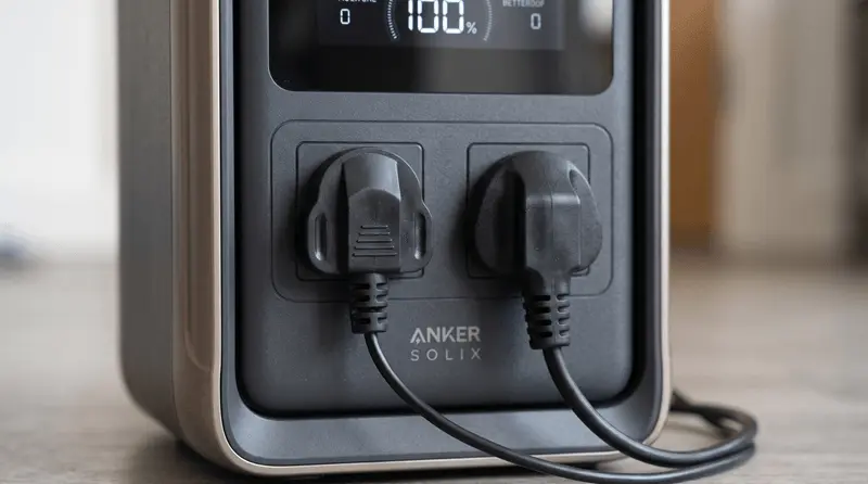 Two power plugs connected to an Anker Solix portable power station outlets.