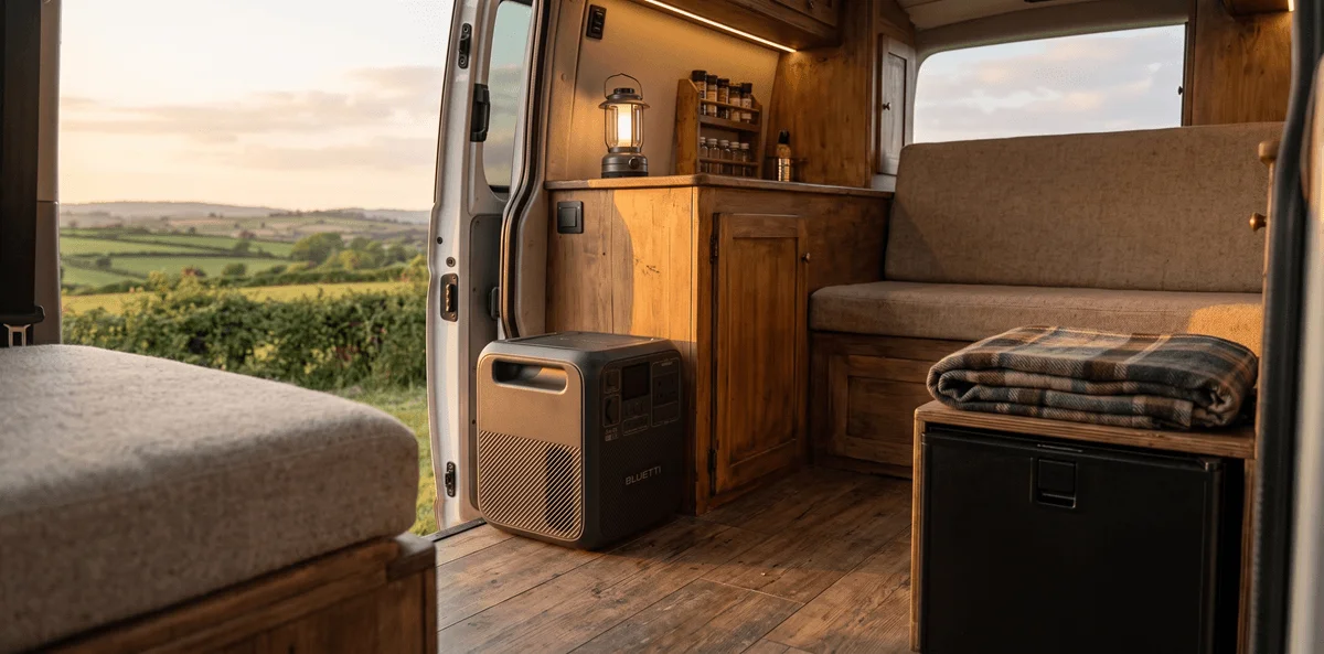 A Bluetti Elite 200 V2 portable power station sits inside a cozy campervan near an open door.