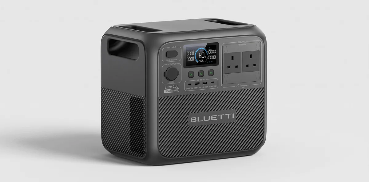 A black Bluetti Elite 200 V2 portable power station with a digital screen and power outlets.