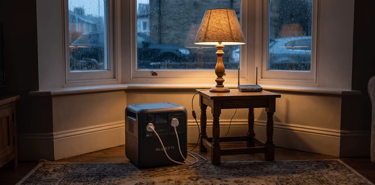 A Bluetti Elite 200 V2 portable power station powering a table lamp and router during rainy weather.