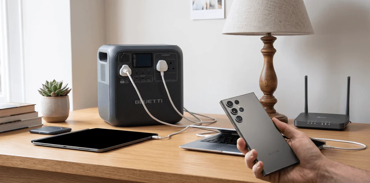 A hand holds a smartphone in front of a Bluetti Elite 200 V2 portable power station.