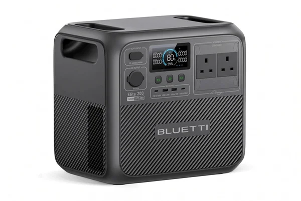 A black Bluetti Elite 200 V2 portable power station with a digital screen and power outlets.