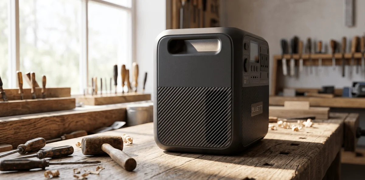 A Bluetti Elite 200 V2 portable power station sits on a wooden workbench in a workshop.
