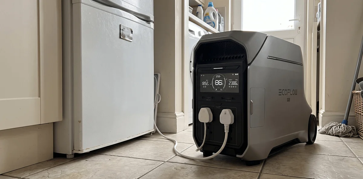 EcoFlow Delta Pro 3 standing in a UK utility room beside a fridge-freezer