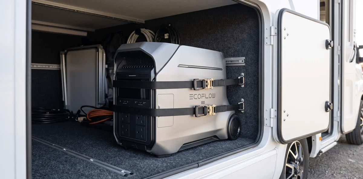 EcoFlow Delta Pro 3 secured in place inside a motorhome storage space