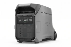 EcoFlow Delta Pro 3 portable power station seen from the front, showing its display and AC sockets. photo shot